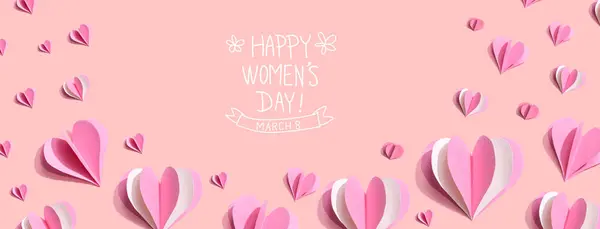 Feliz Mensaje Del Día Las Mujeres Con Corazones Papel Rosa Imagen de stock