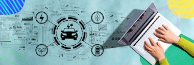 Bir dizüstü bilgisayar kullanan kişi ile EV kavramı