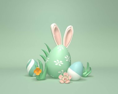 Renkli el süslemesi Paskalya yumurtaları withrabbit kulaklar ve bahar tatili pastel renkleri