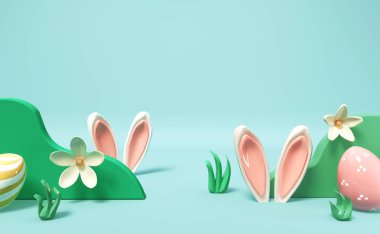 Süslemeli ve tavşan kulaklı Paskalya bayramı teması - 3D render