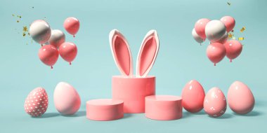 Süslemeli ve tavşan kulaklı Paskalya bayramı teması - 3D render