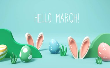 Hello March message with rabbit ears and Easter eggs
