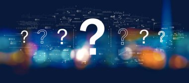 Soru işaretleri ile bulanık şehir ışıkları gece