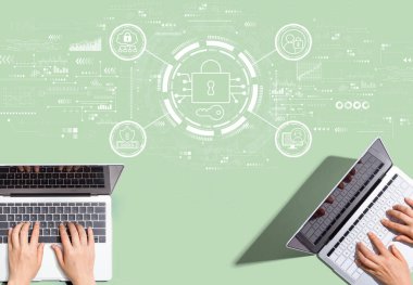 Data Security concept with people working together with laptop computers