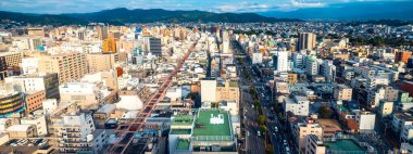 Japonya, Matsuyama 'nın çatı katındaki dönme dolap manzarası