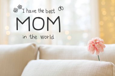 Anneler Günü mesajı, parlak bir iç oda kanepesinde bir çiçekle.