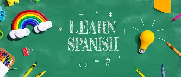 Learn Spanish Theme School Supplies Overhead View Flat Lay 스톡 이미지