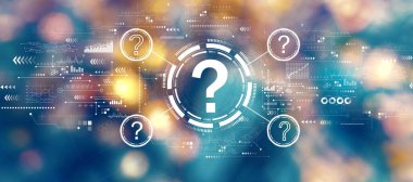 Soru işaretleri ile bulanık şehir ışıkları gece