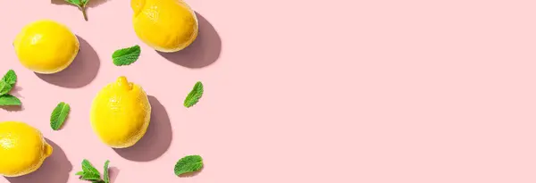 Frische Gelbe Zitronen Mit Minzen Über Kopf Flache Lage lizenzfreie Stockbilder
