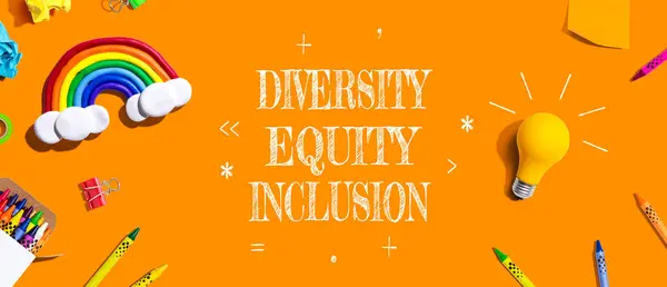 Diversity Equity Inclusion Theme School Supplies Overhead View Flat Lay lizenzfreie Stockbilder