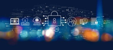 Gece bulanık şehir ışıklarıyla veri güvenliği kavramı