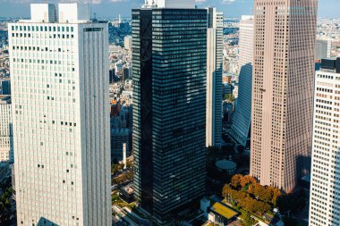 Gökdelenler Nishi-Shinjuku, Tokyo, Japonya 'nın üzerinde yükseliyor.