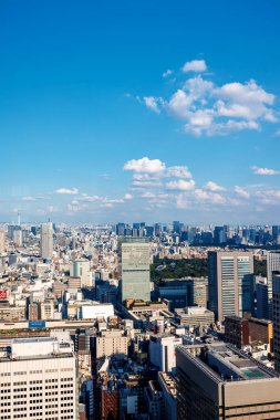 Gökdelenler Nishi-Shinjuku, Tokyo, Japonya 'nın üzerinde yükseliyor.