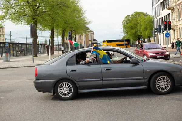 KRISTIANSTAD, SWEDEN - MAY 14, 2021: Car with Swedish and Palestinian flags during protest against Israels new attack on Gaza