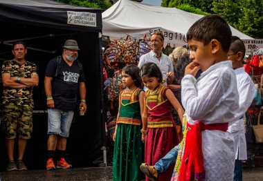 LANDSKRONA, SWEDEN  JULY 28, 2018 - Local town carnival where people dress up in costumes from different cultures and march side by side.