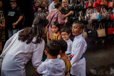 LANDSKRONA, SWEDEN  JULY 28, 2018 - Local town carnival where people dress up in costumes from different cultures and march side by side.