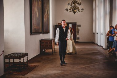 ELSINORE, DENMARK  3 AUG 2018 - Scene from Hamlet played as theatre at Kronborg castle, Elsinore, Denmark.