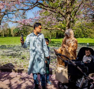 Danimarka 'nın Kopenhag kentindeki Bispegjerg mezarlığında kiraz ağacı bahar çiçeklerini ziyaret eden Asyalı bir aile.