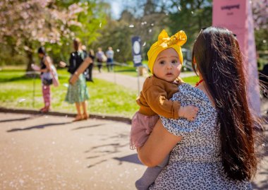 Danimarka 'nın Kopenhag kentindeki Bispegjerg mezarlığındaki kiraz ağacında annesinin kollarında güzel bir kız.