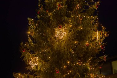 İsveç 'in Kristianstad kentindeki Stortorget Meydanı' nda karanlıkta Noel ağacı