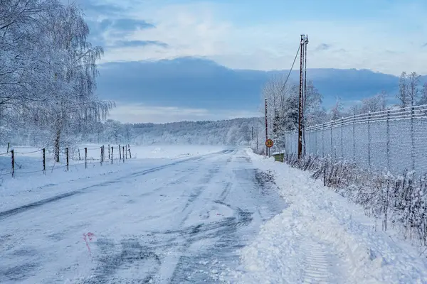 İsveç, Hassleholm 'de kış manzarası yolu