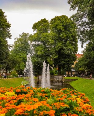 Malmö, İsveç, 12 Ağustos 2007: Folkets Park 'taki çeşme ve çiçekler, Malmö, İsveç