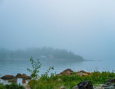 Norrfjarden, Nordmaling, İsveç 'teki Bottenviken denizinde sisli bir sabah.