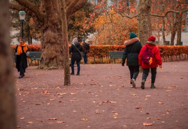İsveç, Malmö 'deki sonbahar parkında yürüyen insanlar