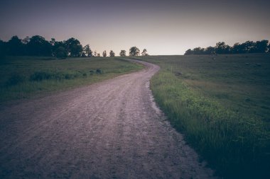 İsveç, Hassleholm 'deki Hovdala Hills' te çakıllı yolda gün batımı.