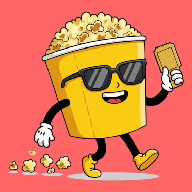  Güneş gözlüğü takmış, elinde içki tutan patlamış mısır taneleriyle neşeli bir şekilde yürüyen sevimli bir çizgi roman kovası. Eğlenceli ve enerjik abur cubur maskotu çizimi.