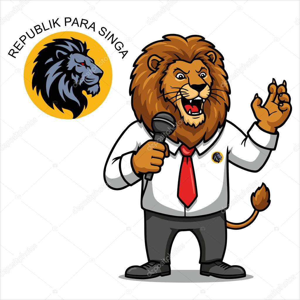 Anthropomorphic lion character giving a speech, wearing a shirt and tie. Ideal for political, motivational, or leadership concept illustrations.