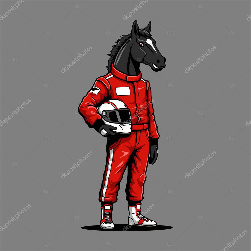 Anthropomorphic horse character dressed in racing suit holding a helmet. Suitable for motorsport and racing-themed visuals.