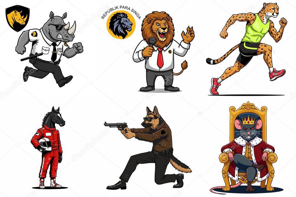 Vector illustration of anthropomorphic animal characters in various human roles: security guard rhino, political lion, athlete cheetah, race car driver horse, armed police dog, and royal rat king. Unique and humorous cartoon mascots in comic style.
