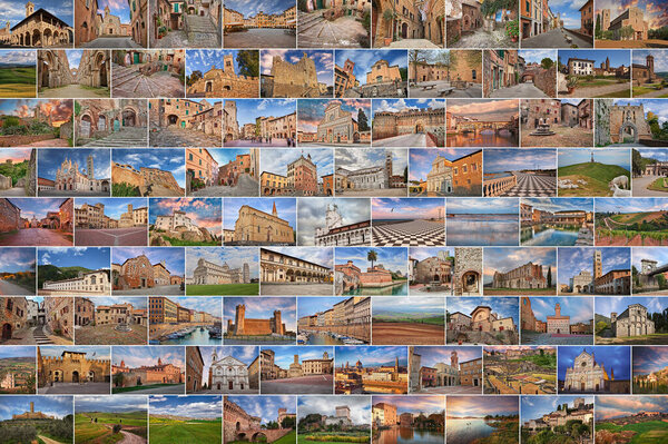 Tuscany, Italy: photo collage of pictures with cities, villages, architecture, countryside