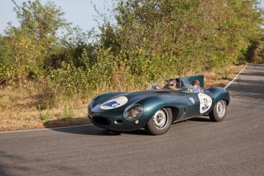 Klasik yarış arabası Jaguar D-Tipe (1954) Gran Premio Nuvolari, 17 Eylül 2023 tarihinde Predapppio, FC, İtalya