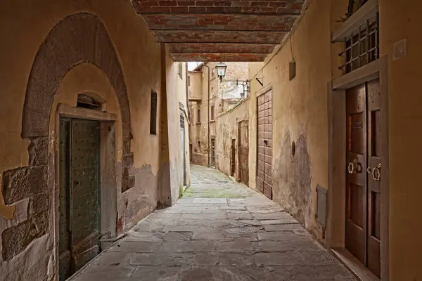 Castiglion Fiorentino, Arezzo, Toskana, İtalya: Eski İtalyan köyünde eski dar bir sokak ve altgeçit
