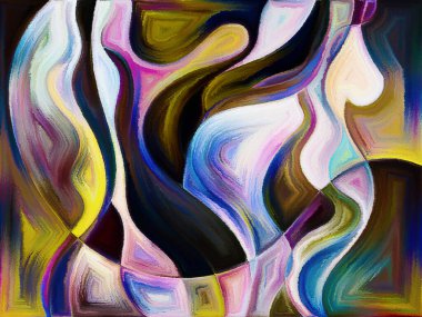 Akışkan soyut formlar suluboya ve boyalı camları andıran canlı boya sanatı tarzında uygulanır.