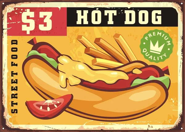 Hot Dog Sign Retro Diner Old Metal Background Tasty American — Vettoriale Stock