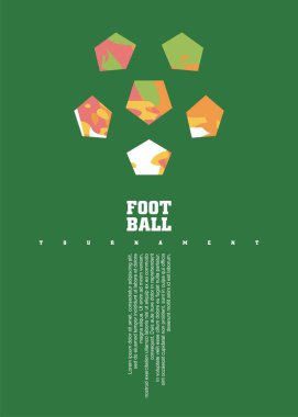 Yeşil sahada stilize edilmiş topu olan poster ya da afişler için en az tasarım konsepti futbol turnuvası. Spor ve eğlence sanatsal soyut uçucu illüstrasyonu. Futbol vektör görüntüsü.