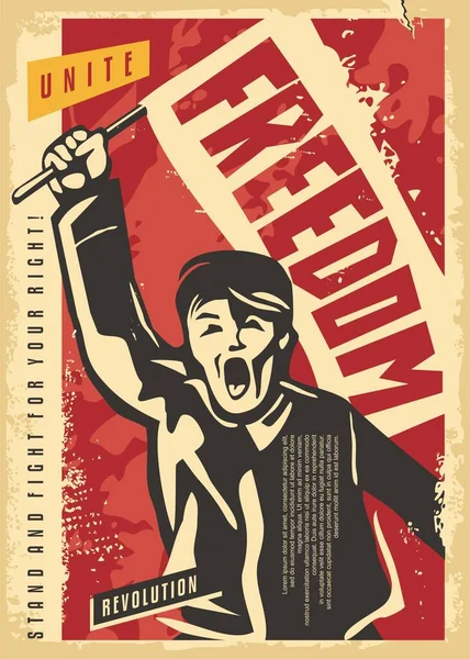 Man Holding Flag Fighting Freedom Retro Propaganda Poster Template Human — Image vectorielle