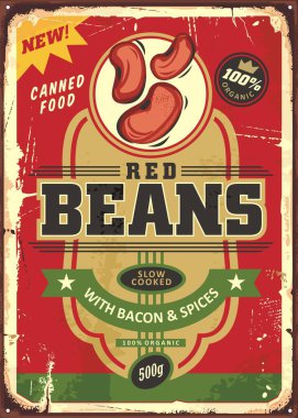 Canned food vintage tin sign design on old rusty texture. Red beans cooked with bacon and spices retro decorative poster graphic. Vector food label or package illustration for grocery product. clipart