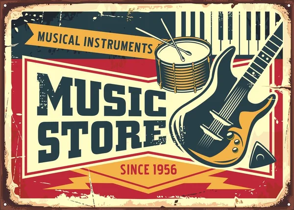 Music Store Retro Sign Post Electric Guitar Drums Piano Keyboards — Stock Vector