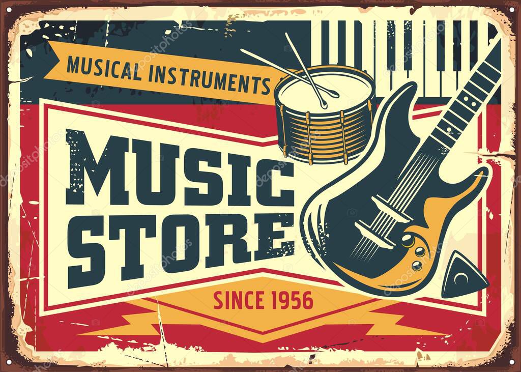 Music store retro sign post with electric guitar, drums and piano keyboards vector illustration. Vintage graphic with various musical instruments and equipment.