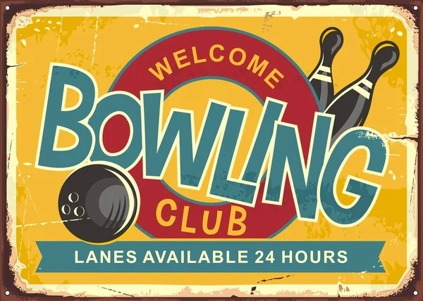 Bowling club retro sign idea with playful design elements and texts. Leisure and recreation vector poster design with bowling ball and pins. Colorful cartoon style illustration.