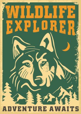 Wolf graphic retro poster design concept with artistic wild animal drawing, outdoor landscape and creative typography. Wildlife explorer vintage illustration with wolf portrait. Wilderness adventures theme vector idea.
