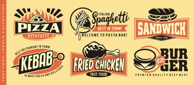 Fast food stickers and labels collection for diner restaurant or cafe bar. Vector menu with lettering and various meals. Burgers and pizza symbols, spaghetti, fried chickens and sandwich graphics. 