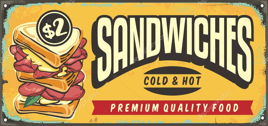 Delicious sandwiches retro yellow sign design layout with creative lettering and sandwich vector graphic. Vintage food and snacks advertisement.