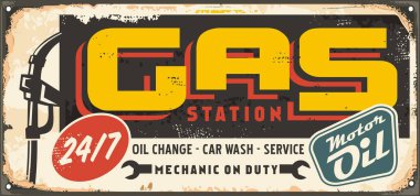 Vintage transportation sign for gas station. Fuel and car service road retro signpost. Vector illustration on old metal plate.