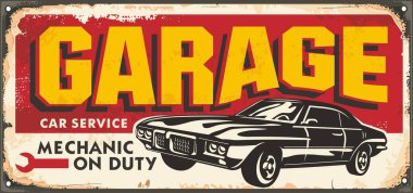 Garage sign with classic car on old vintage metal background. Cars and transportation vector decorative poster design for auto service or mechanic shop.