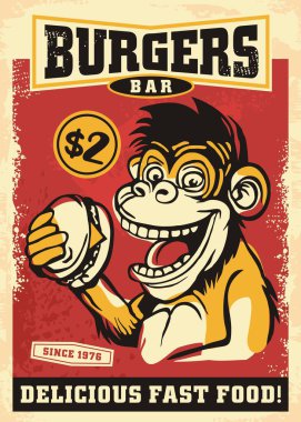 Monkey eat hamburger retro poster illustration for fast food restaurant. Anthropomorphic animal cartoon or comic style vector drawing. Funny humorous character. 